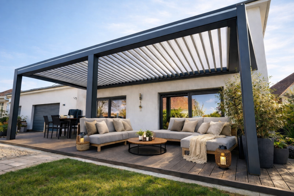 Structure à lames orientables sur une terrasse avec aménagement extérieur