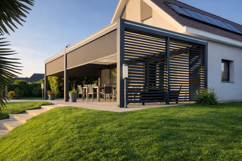 Pergola bioclimatique sur une terrasse moderne avec brise vue orientable