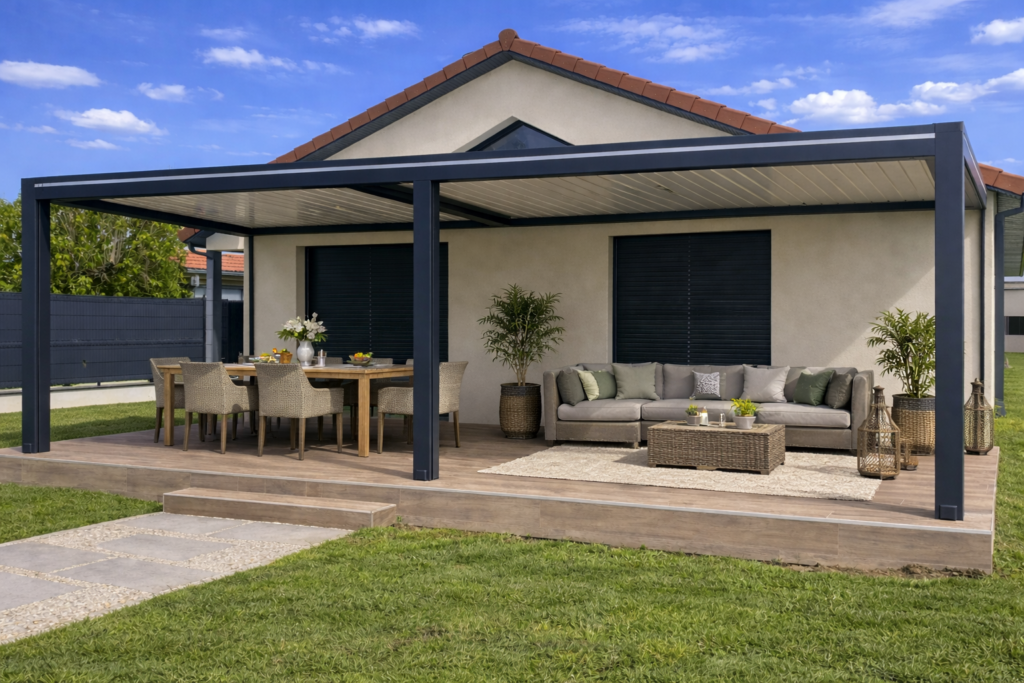 Pergola bioclimatique à lames orientables sur une grande terrasse