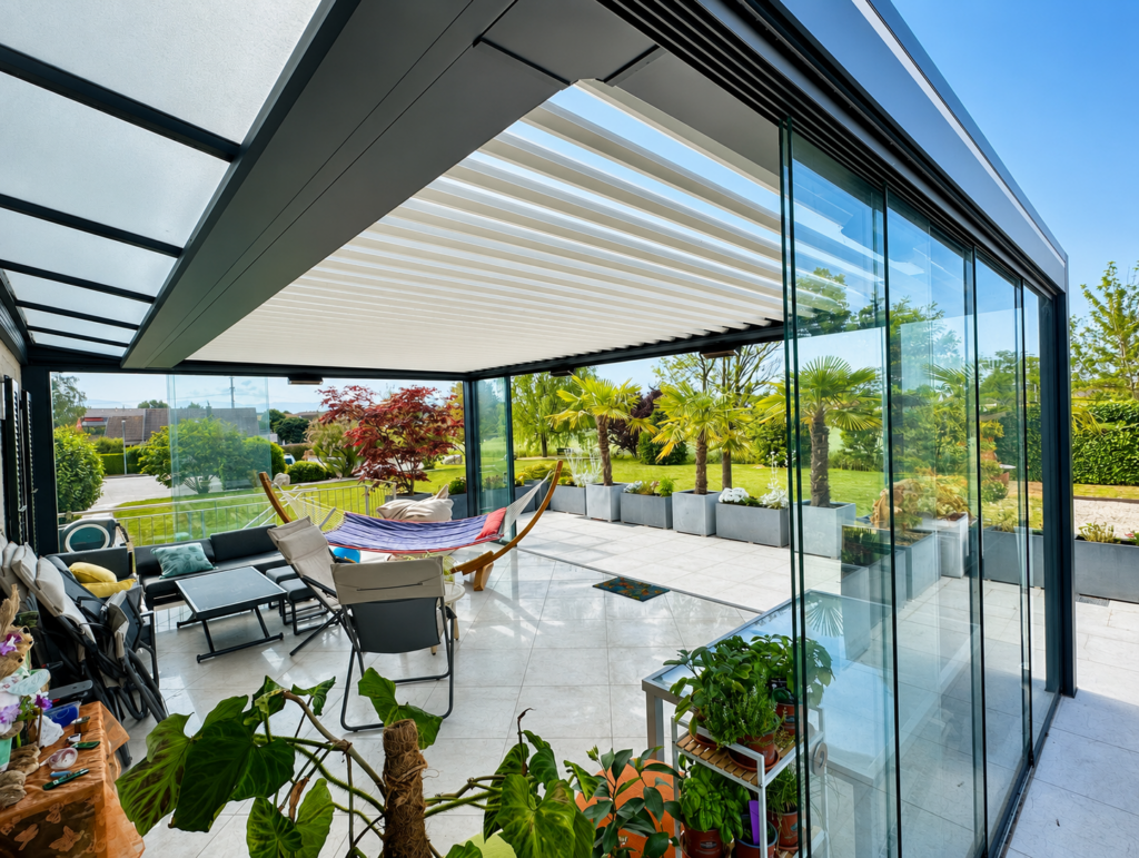 Pergola bioclimatique avec rideau de verre, une extension de la maison