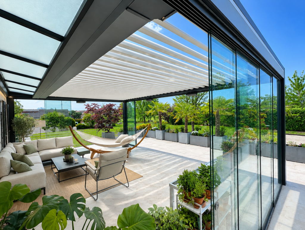 Pergola bioclimatique avec rideau de verre, une extension de la maison