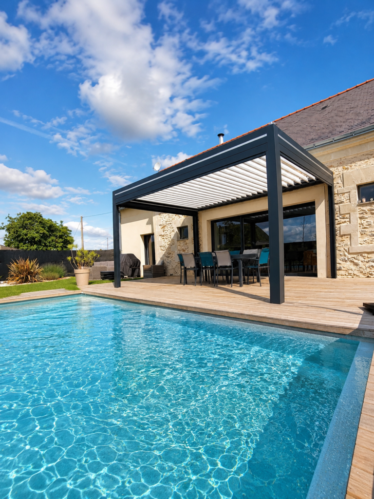 Pergola bioclimatique au bord de piscine installée dans le sud de la France