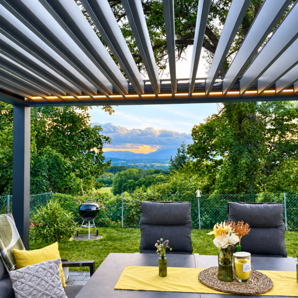 Pergola bioclimatique en aluminium avec lames grise et bandeau led