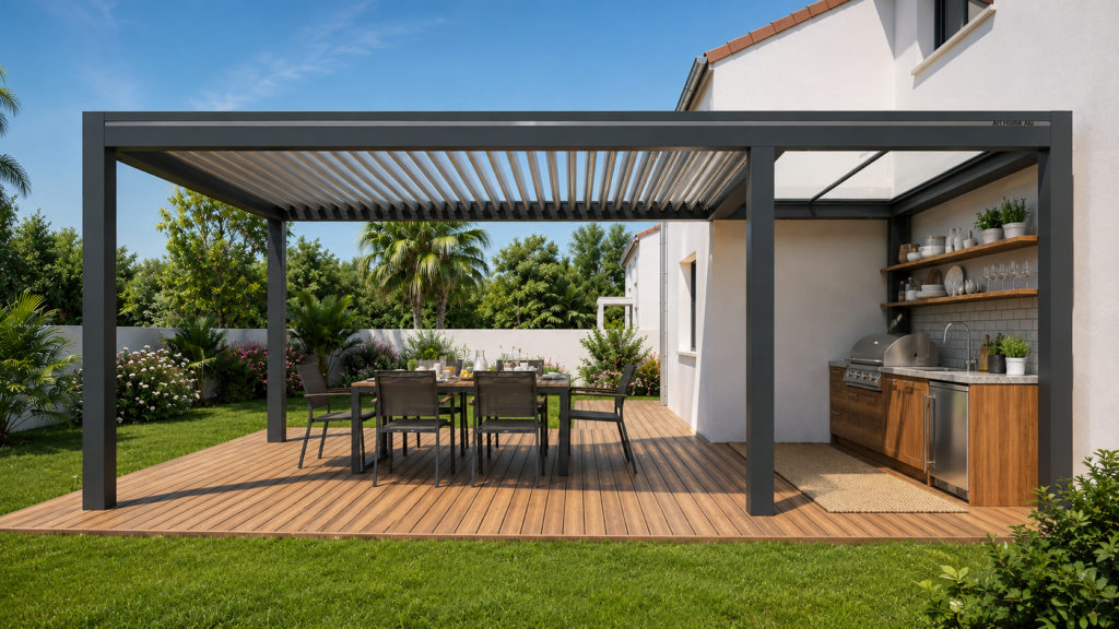 Pergola à toit fixe avec une cuisine d'été