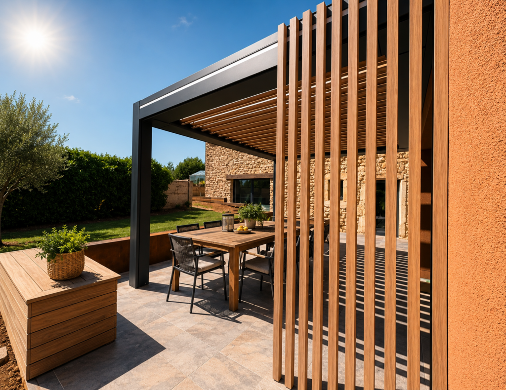 Pergola bioclimatique en aluminium avec claustra décoratif effet bois, table de jardin et chaises sur une terrasse moderne ensoleillée.