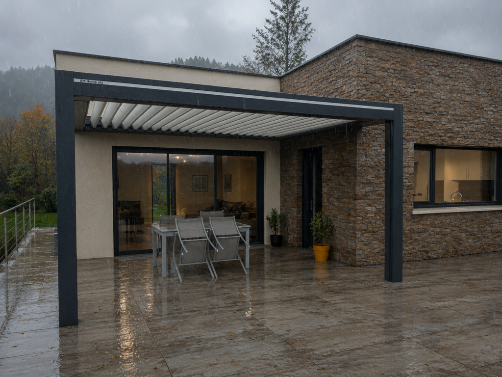 Pergola bioclimatique qui résiste à dez intempéries