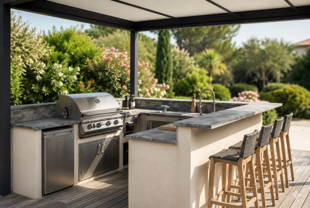 Cuisine d'été sous une pergola à toit fixe