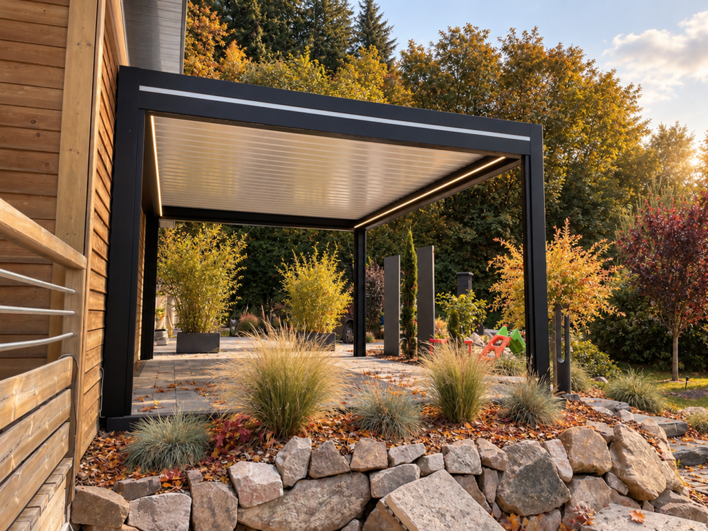 Pergola bioclimatique en automne en Alsace